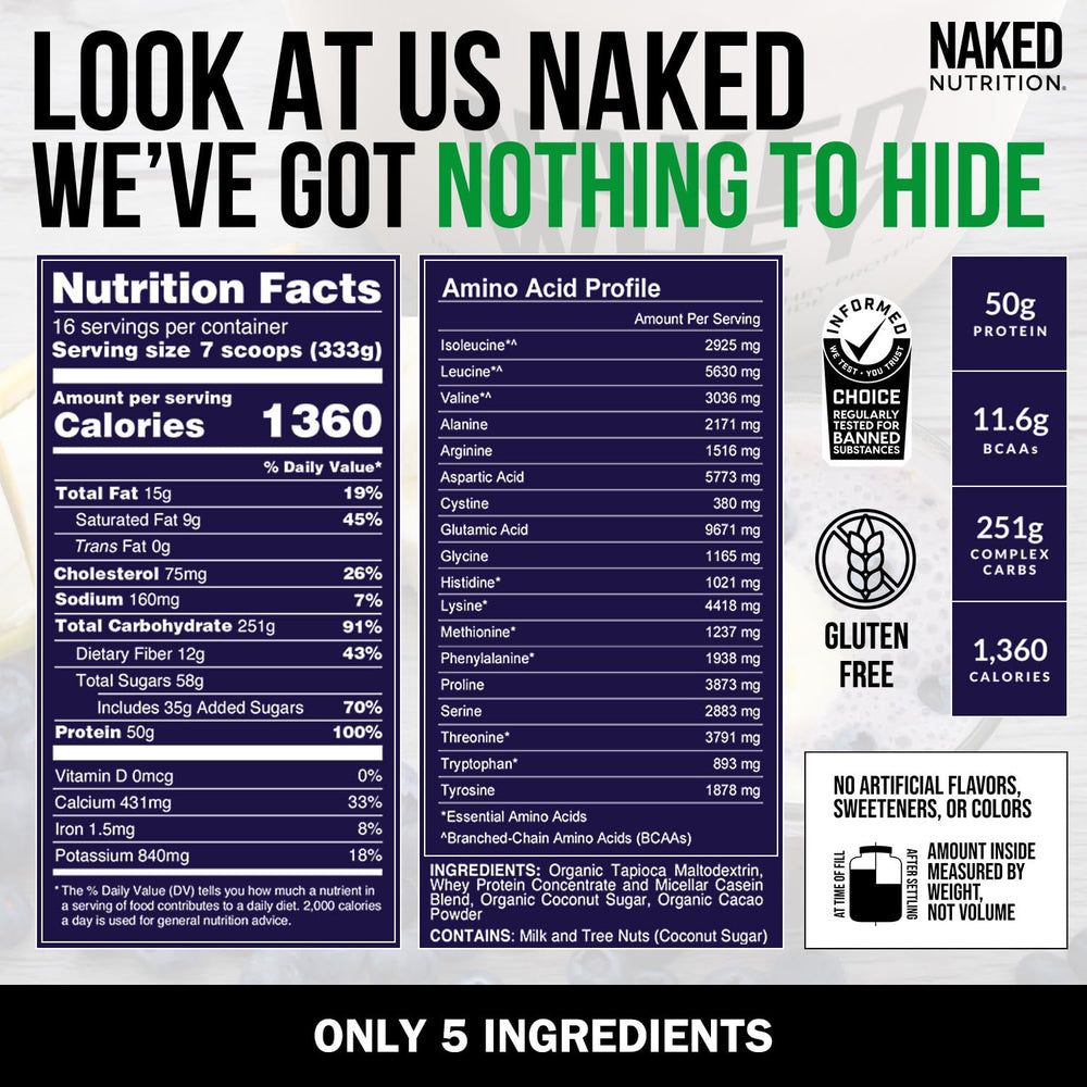 NAKED Mass ingredients close-up; gluten-free organic tapioca maltodextrin showcased.