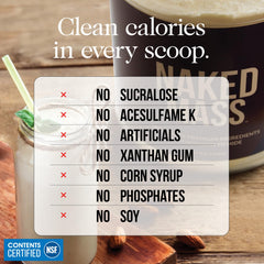 NAKED Mass serving scoop beside powder; ideal for precise protein and calorie boosts.