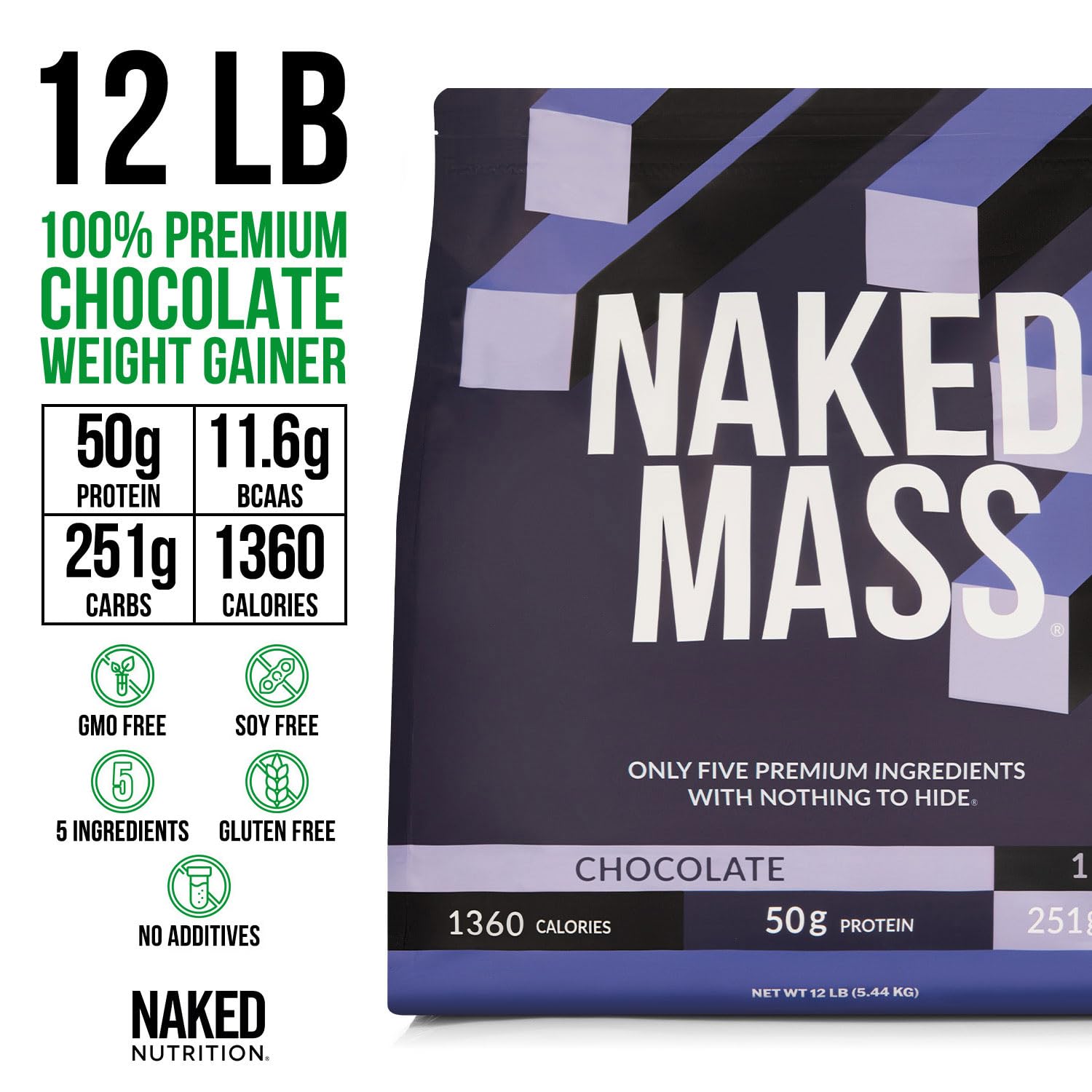 NAKED Mass shake in glass; creamy chocolate flavor for post-workout recovery.