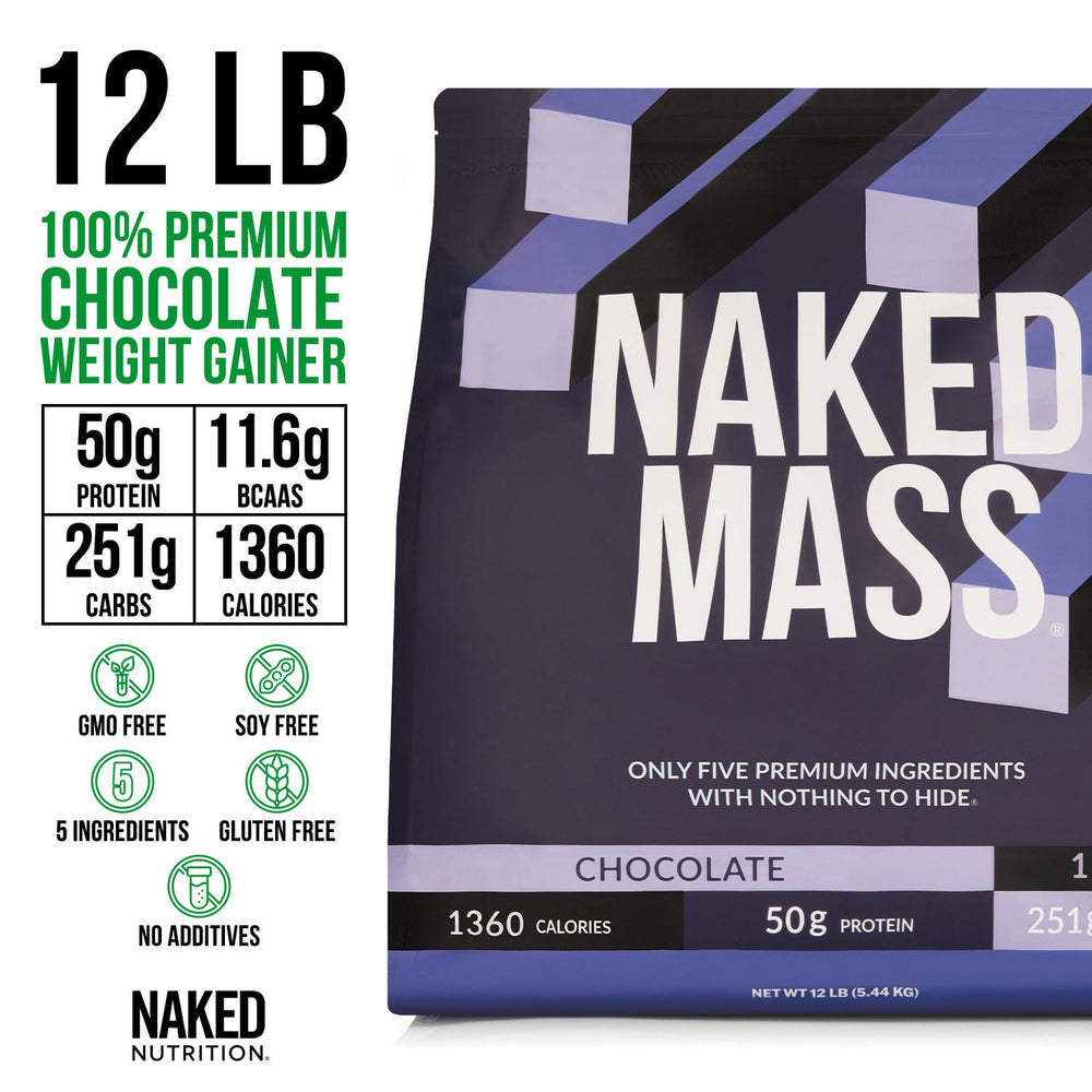 NAKED Mass shake in glass; creamy chocolate flavor for post-workout recovery.