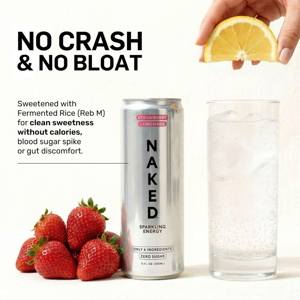 Naked Sparkling Energy Drink lemon and strawberry visuals highlight natural flavors.