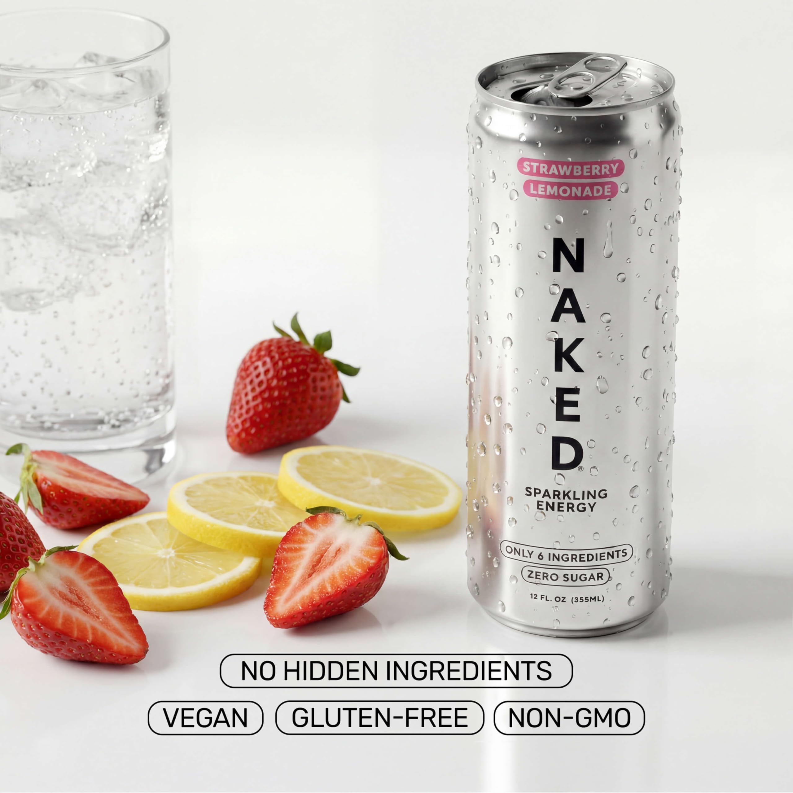 Naked Sparkling Energy Drink zero sugar visual indicating light, guilt-free refreshment.