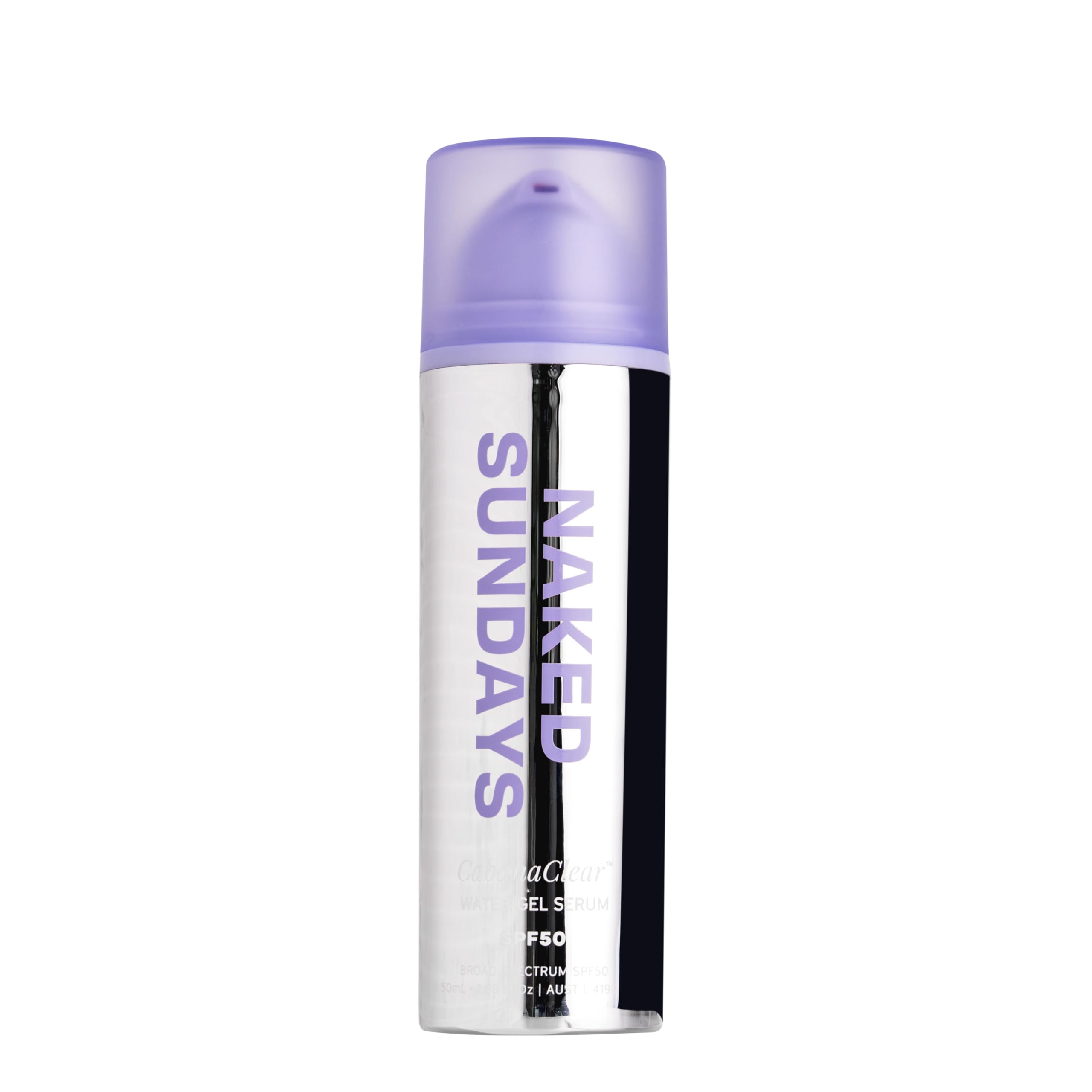 Naked Sundays CabanaClear SPF50 water gel serum bottle for fast absorbing sun protection
