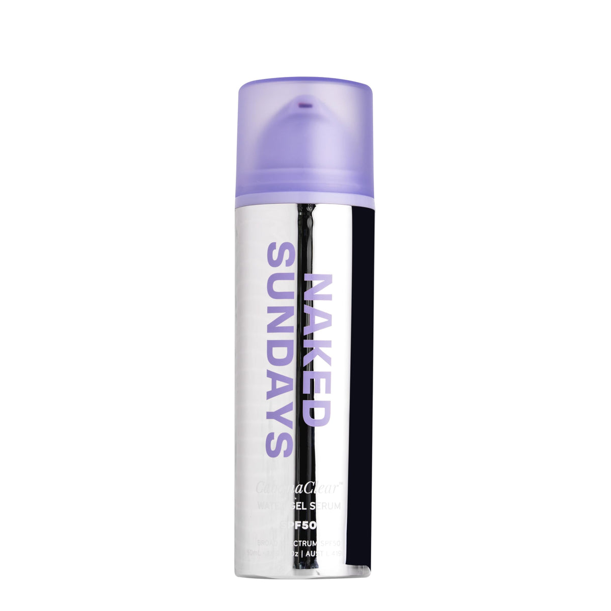 Naked Sundays CabanaClear SPF50 water gel serum bottle for fast absorbing sun protection