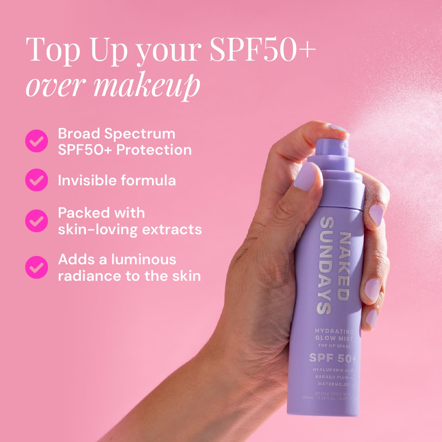 Naked Sundays makeup-setting mist locks in makeup with a light, even finish.