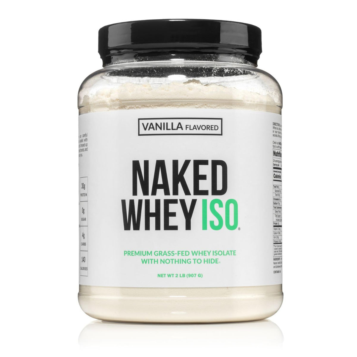 Naked Vanilla Whey Isolate bottle shows 30g protein per serving for workouts.