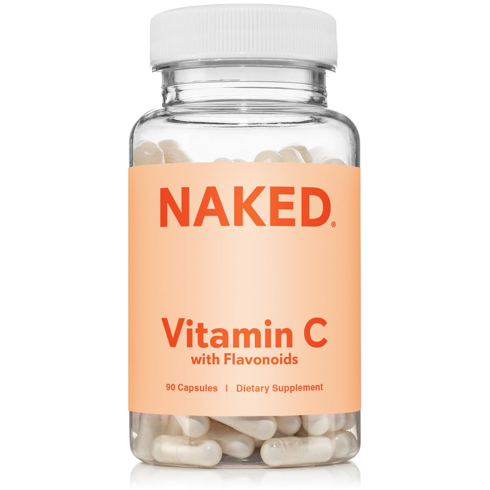 NAKED Vitamin C bottle on white background promotes daily immune support.