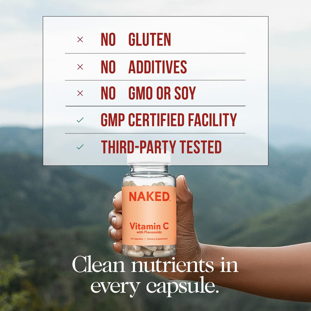 NAKED Vitamin C capsules close-up highlights high-dose ascorbic acid.