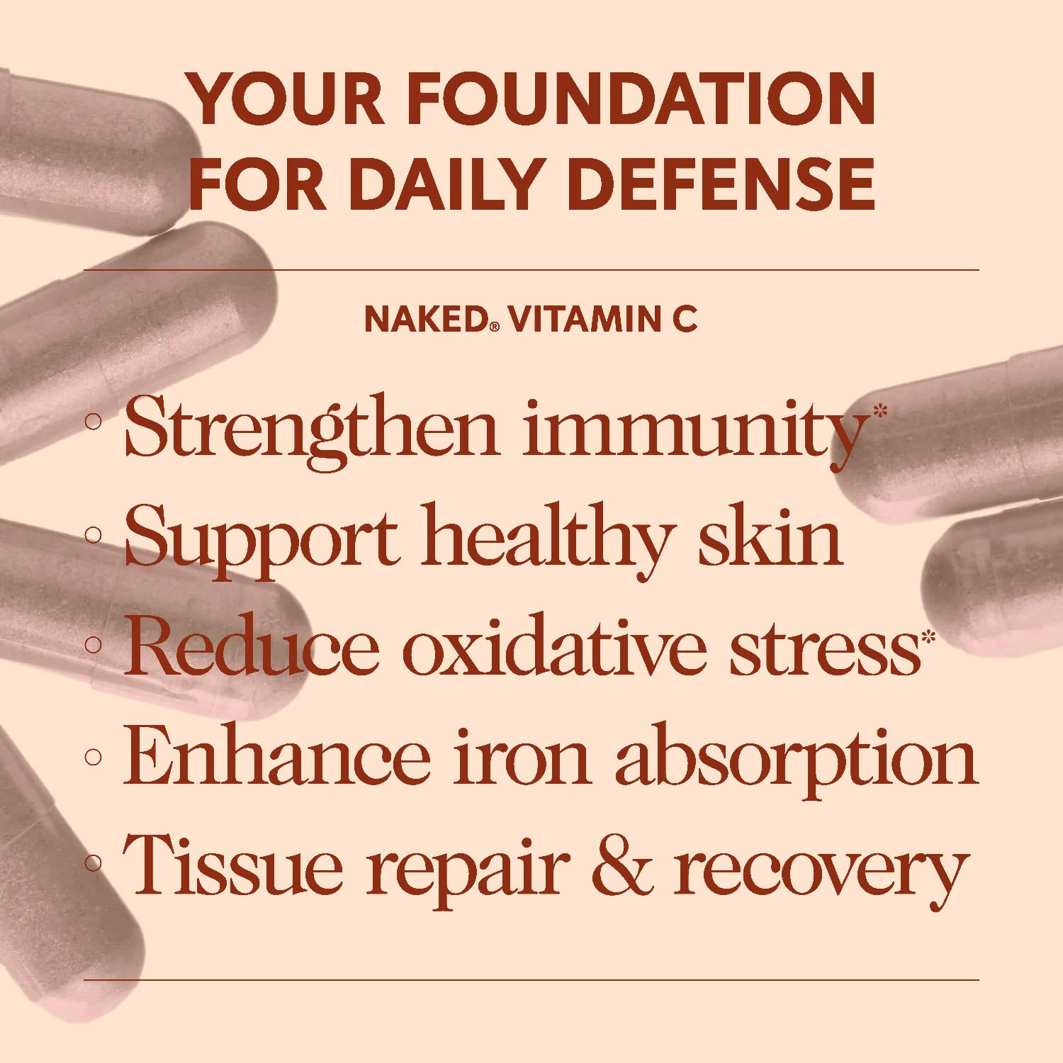 NAKED Vitamin C with citrus bioflavonoids visual emphasizes immune-boosting blend.
