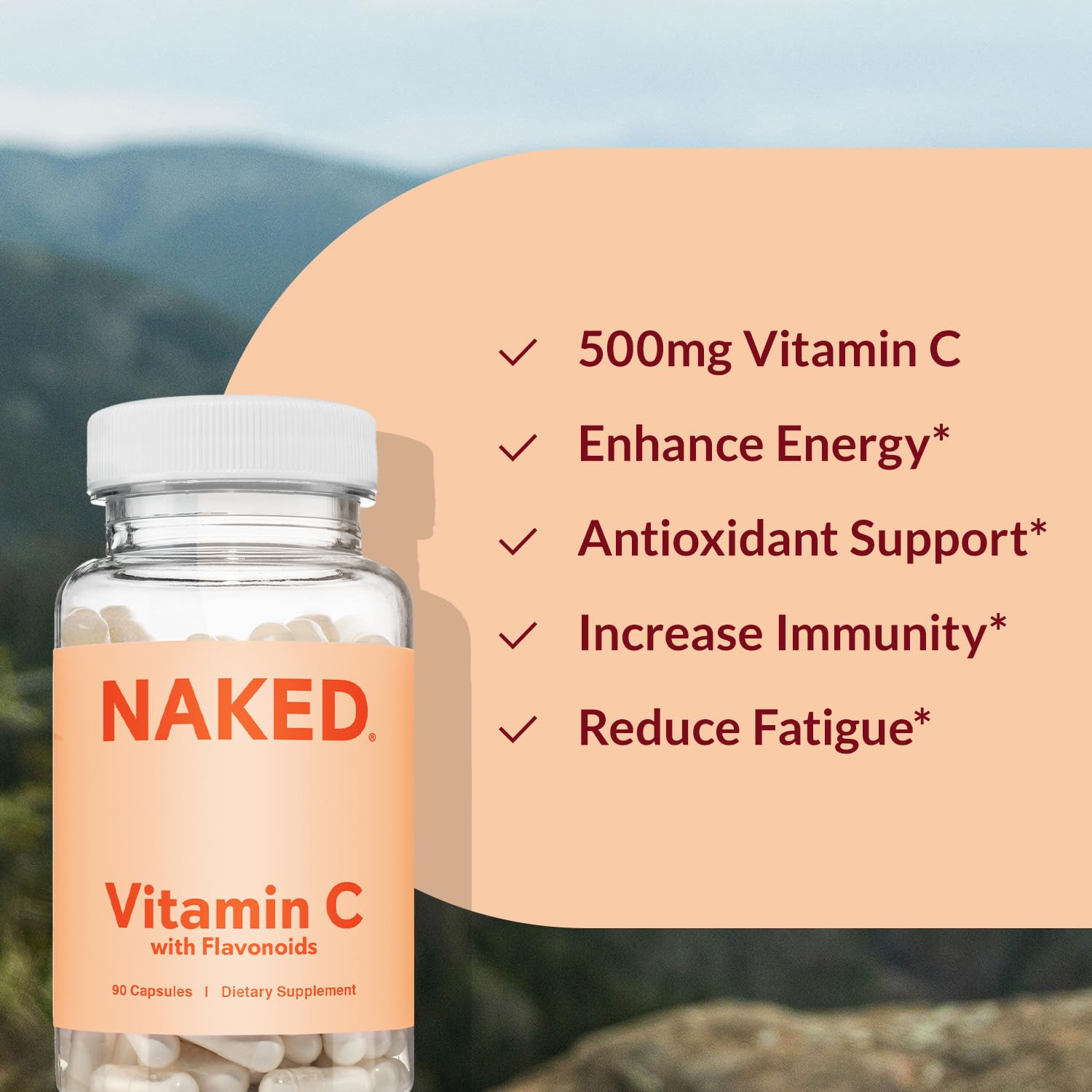 NAKED Vitamin C made in USA badge on label.