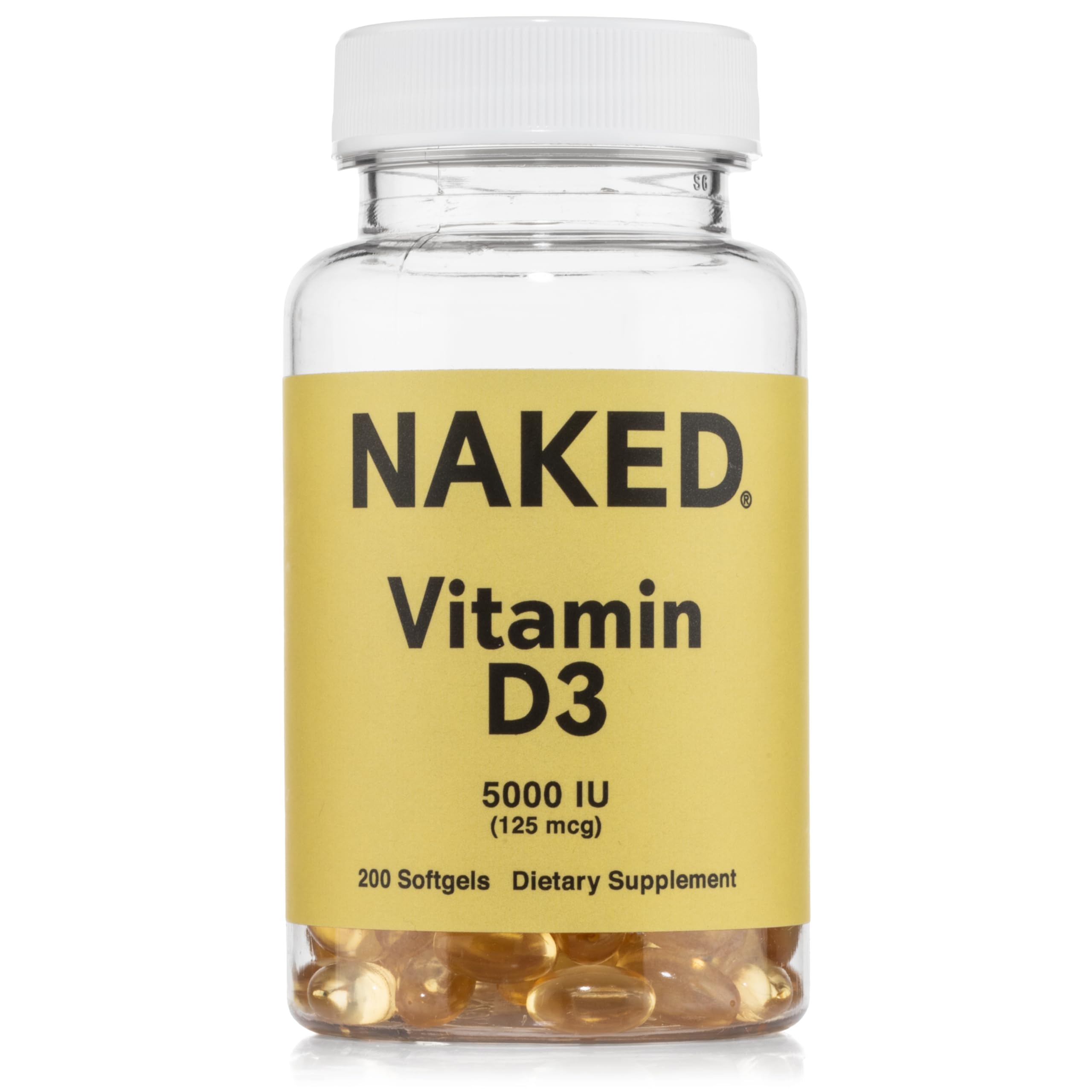 NAKED Vitamin D3 5000 IU bottle highlighting high potency for immune support