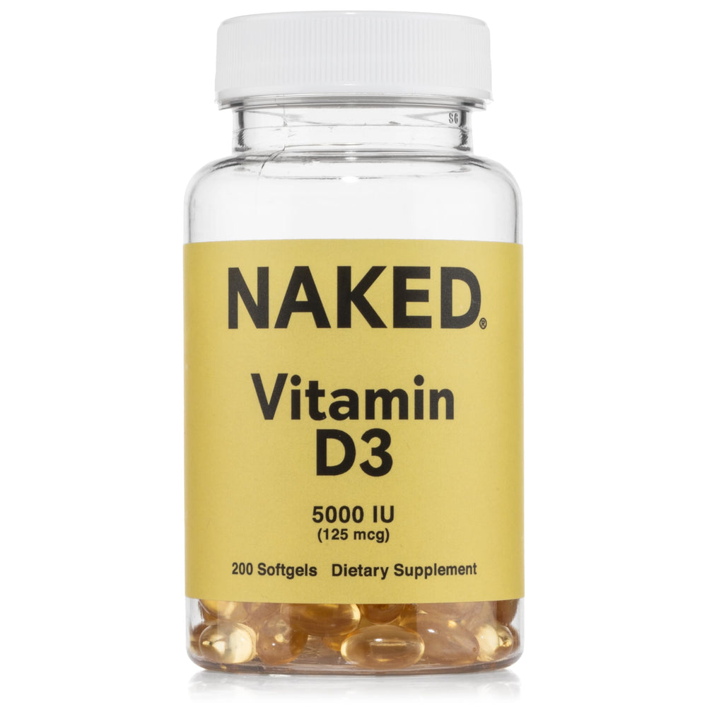 NAKED Vitamin D3 5000 IU bottle highlighting high potency for immune support