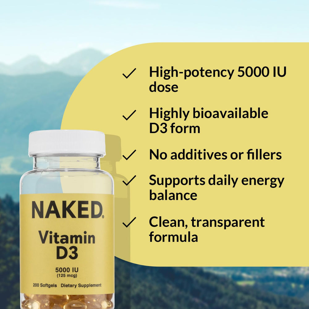 Label of NAKED Vitamin D3 with GMP-certified badge emphasizing quality