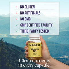 Close-up of NAKED Vitamin D3 softgels showing the smooth capsules