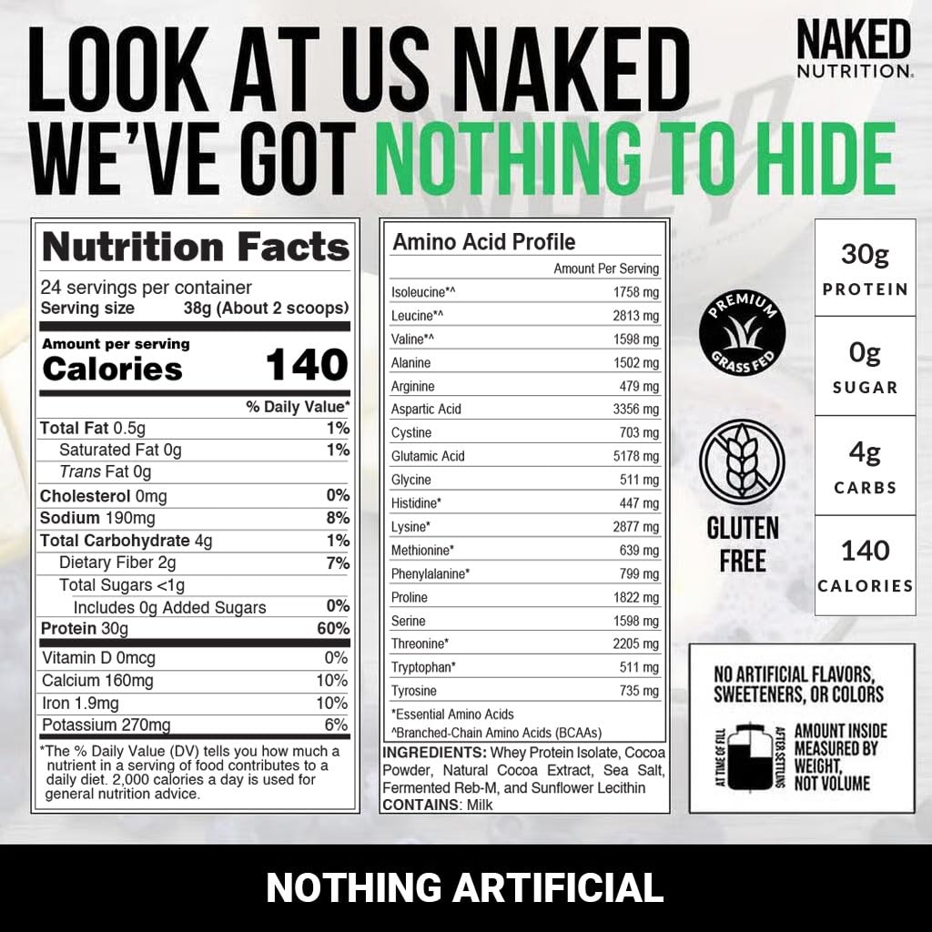 NAKED Chocolate Whey Isolate nutrition label shows 30g protein per serving