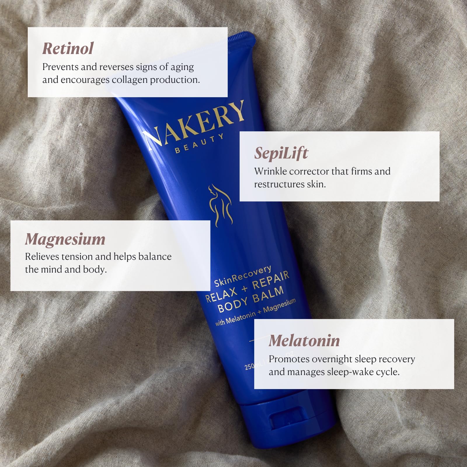Nakery SkinRecovery Relaxing Magnesium Balm on nightstand ready for nightly routine.