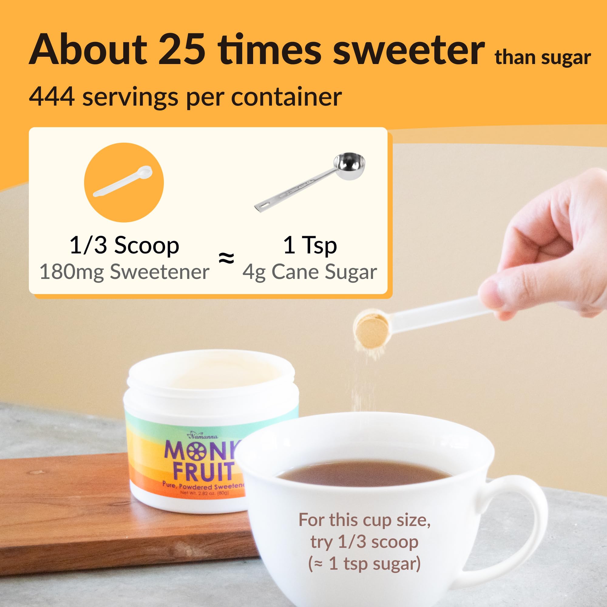 Pouring NAMANNA monk fruit sweetener into coffee for a calorie free flavor boost.
