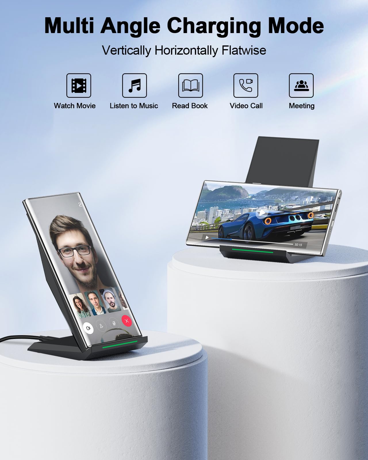 Phone resting on Nanami stand while charging hands-free