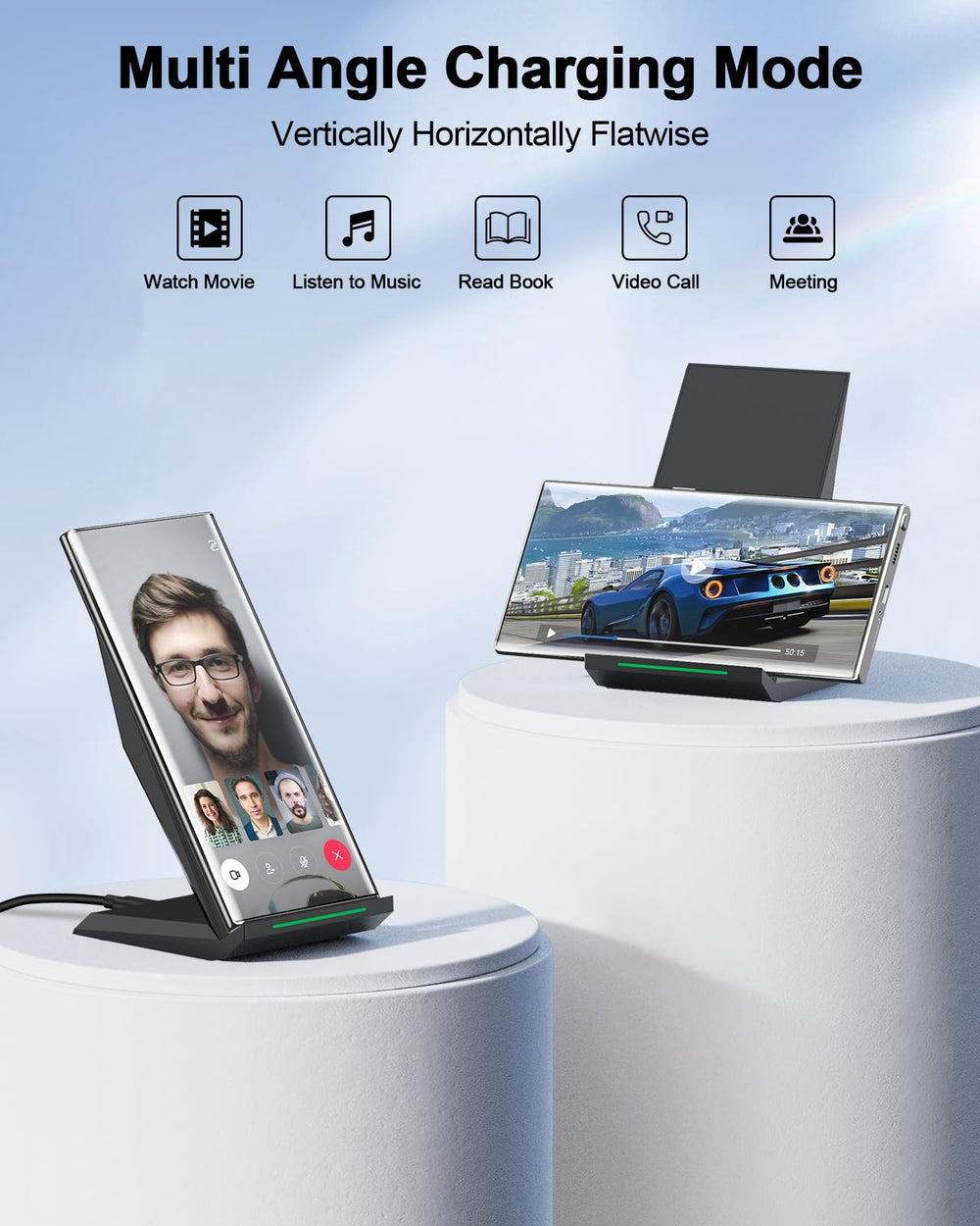 Phone resting on Nanami stand while charging hands-free