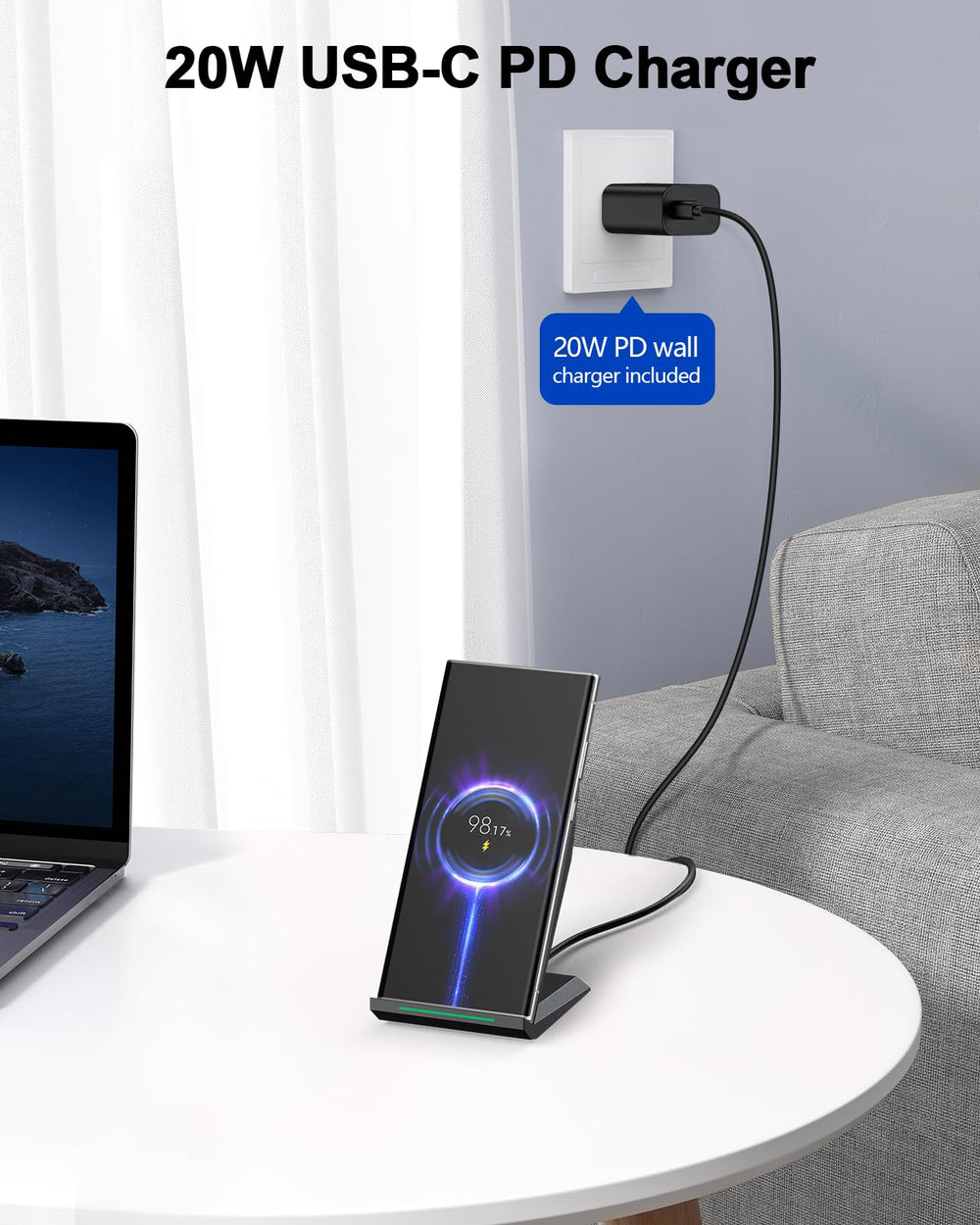 Nanami fast wireless charger top view highlighting vertical and horizontal use