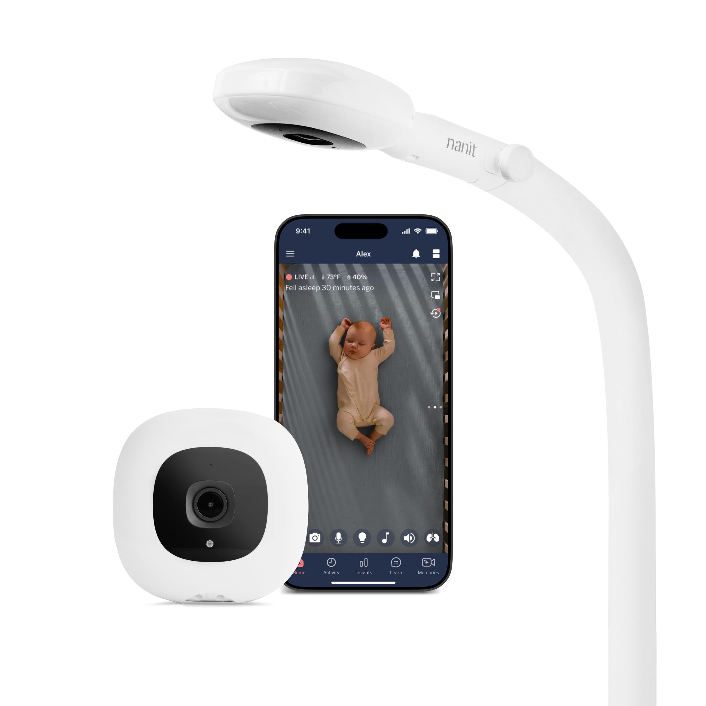 Nanit Pro baby monitor overhead view for a full crib sightline and quick checks