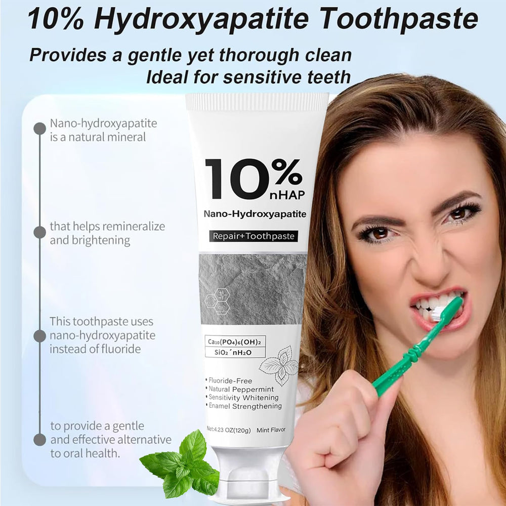 Nano-Hydroxyapatite toothpaste fluoride-free icon communicates safe, daily use for all ages