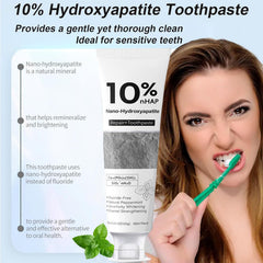 Nano-Hydroxyapatite toothpaste fluoride-free icon communicates safe, daily use for all ages