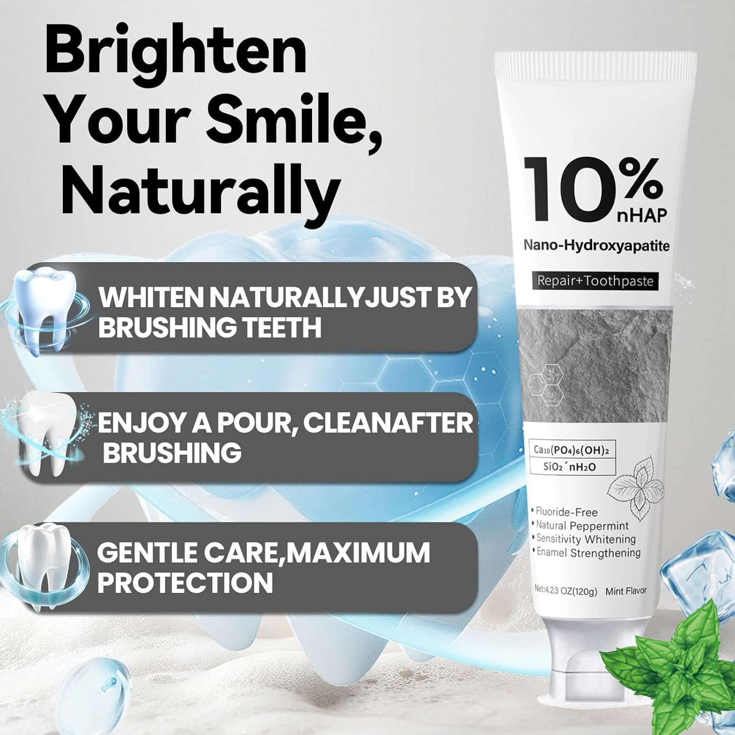 Nano-Hydroxyapatite toothpaste close-up texture highlighting a gentle, fluoride-free clean for sensitive teeth