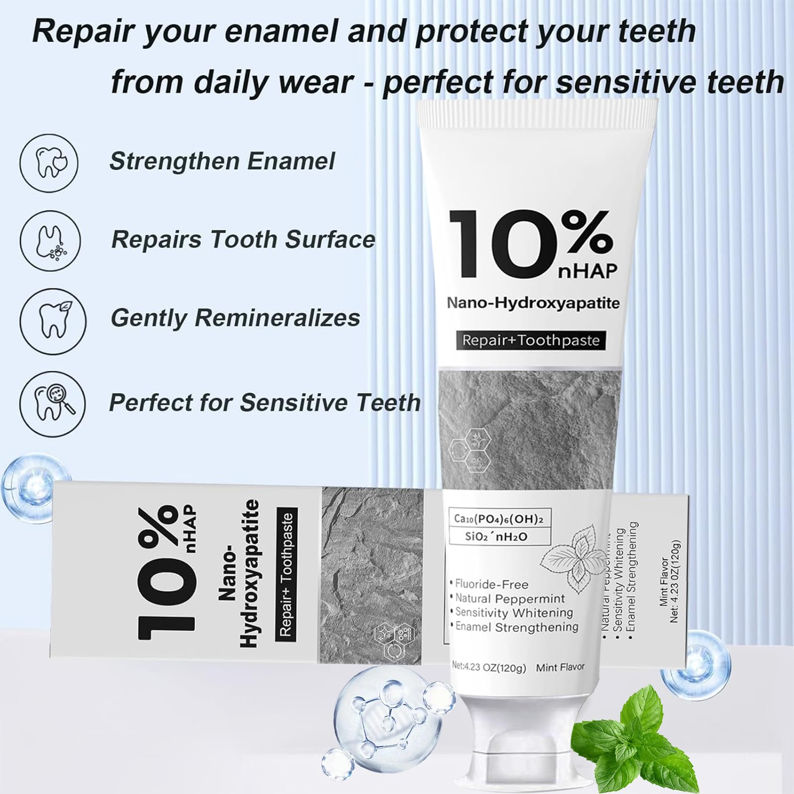 Nano-Hydroxyapatite toothpaste vegan ingredients image highlights plant-based, gentle care