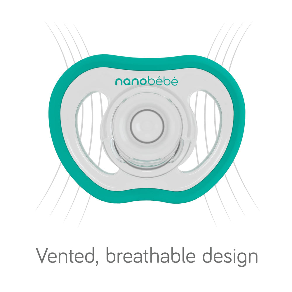 Nanobébé pacifier features an ergonomic curve for secure, comfortable facial fit.