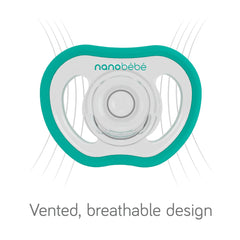 Nanobébé pacifier features an ergonomic curve for secure, comfortable facial fit.