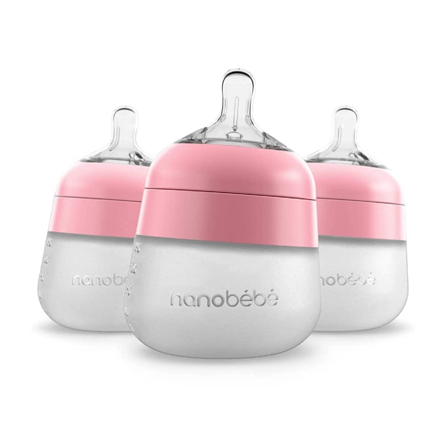 Nanobébé Flexy 5oz pink bottle, familiar feel for easy breast-to-bottle transitions.
