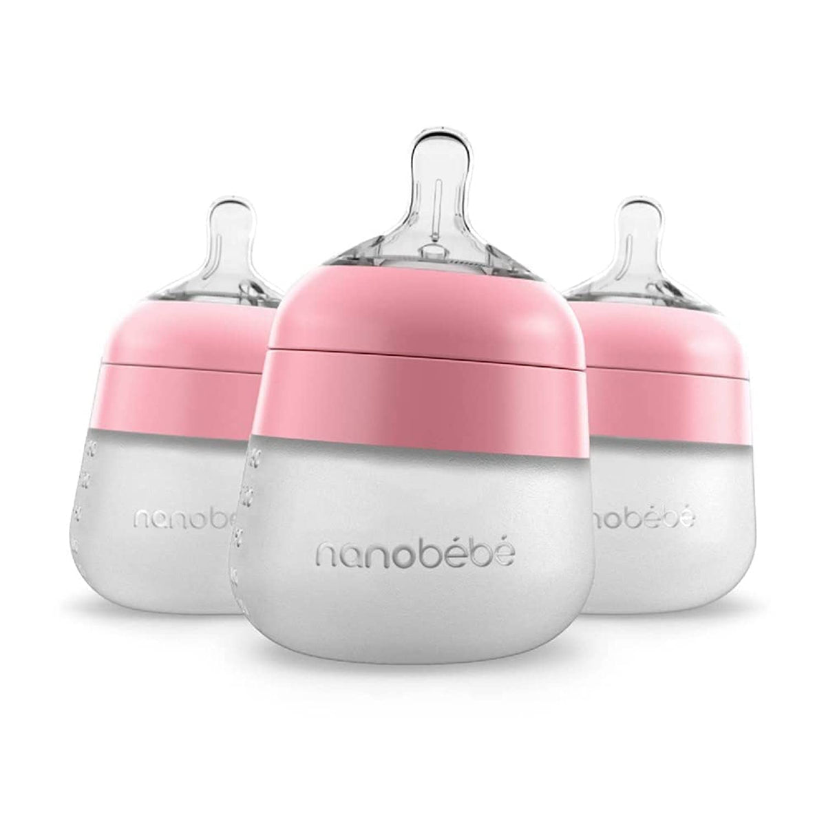 Nanobébé Flexy 5oz pink bottle, familiar feel for easy breast-to-bottle transitions.