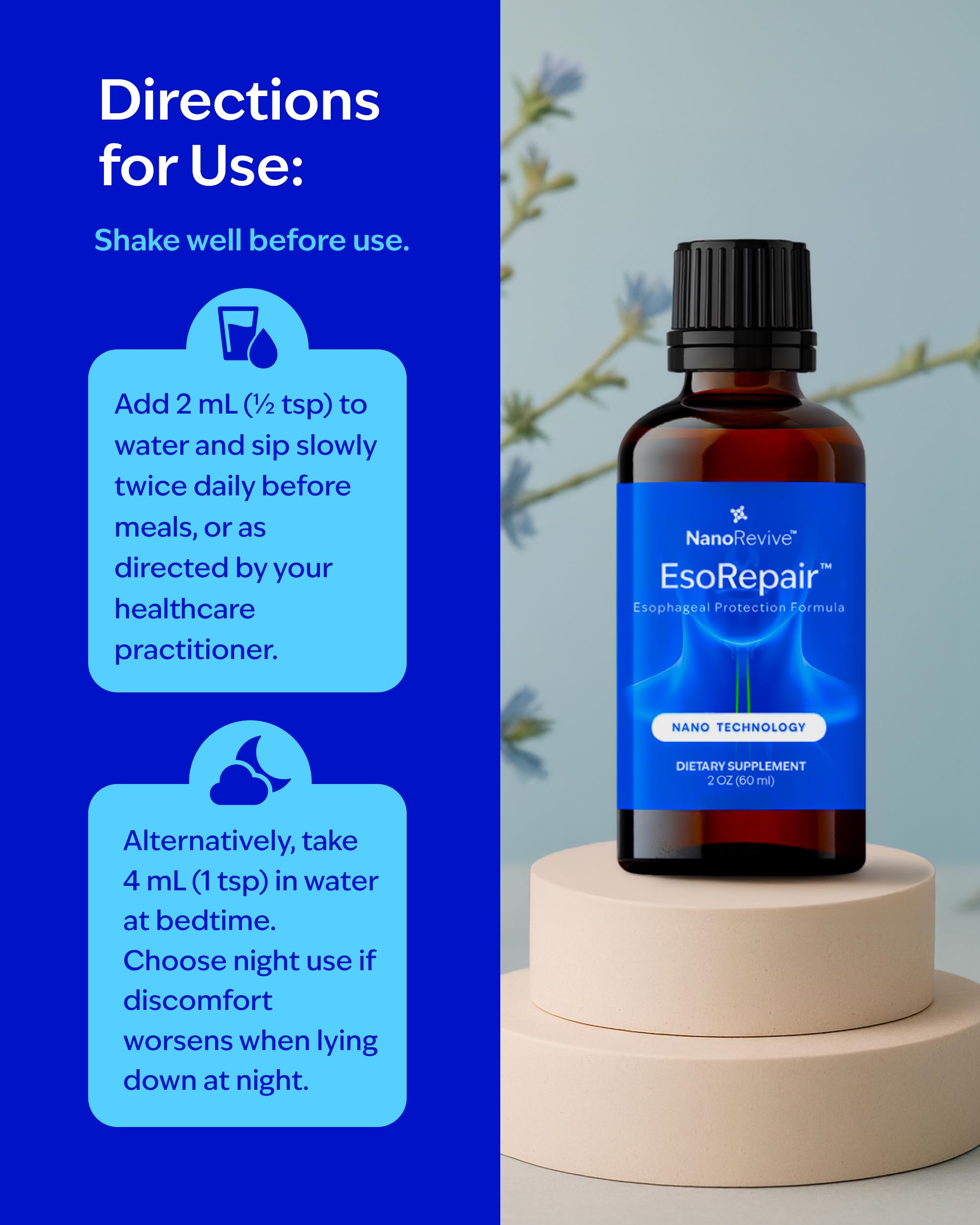 NANOREVIVE EsoRepair packaging and label communicates non-GMO, dairy-free formulation at a glance.