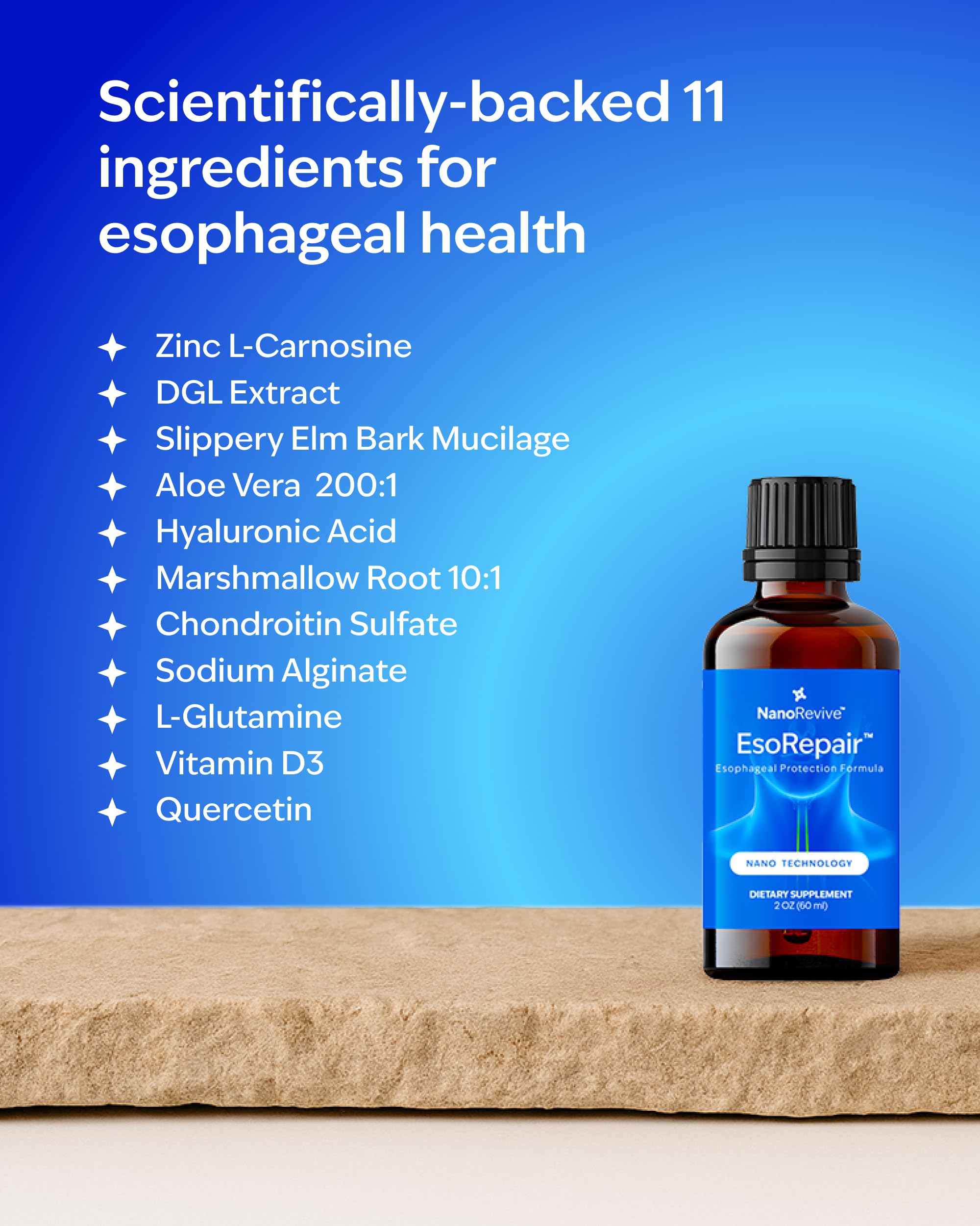 NANOREVIVE EsoRepair zinc-l-carnosine visual emphasizes targeted support for mucosal integrity.