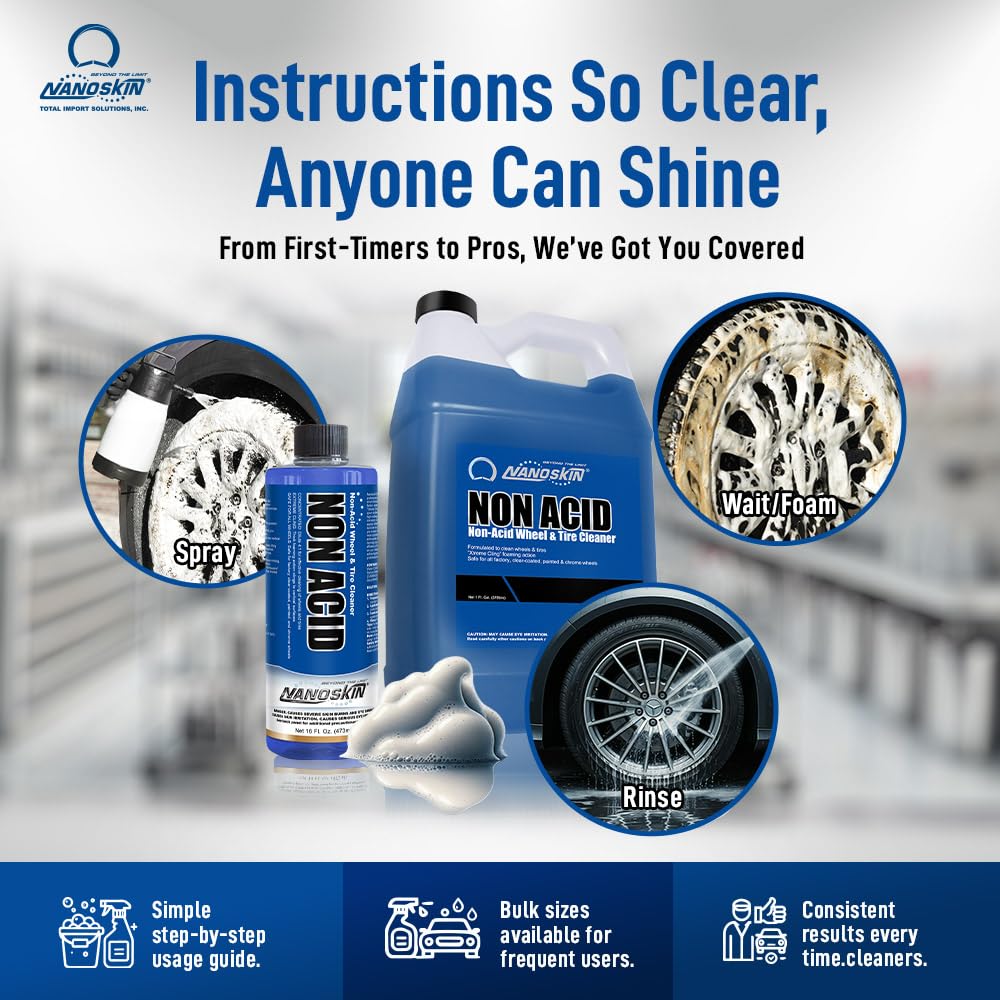 Nanoskin NON ACID Wheel & Tire Cleaner being used in a professional setting.