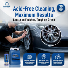Nanoskin NON ACID Wheel & Tire Cleaner showing xtreme cling foam on a wheel.