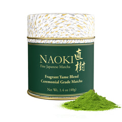 Naoki Matcha Fragrant Yame Blend packshot showing ceremonial powder and tin label for daily rituals