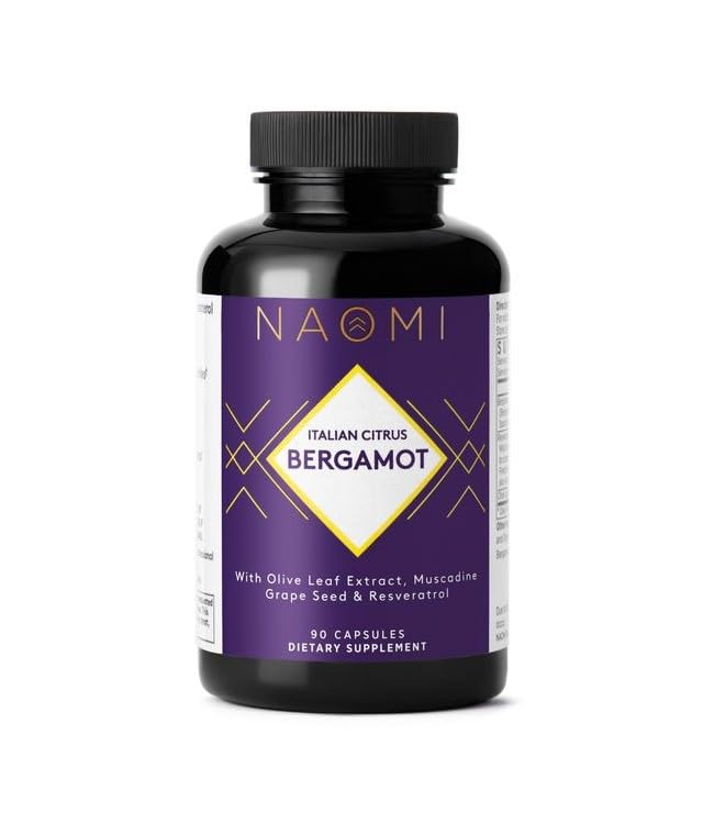 NAOMI Italian Citrus Bergamot 500mg bottle close-up highlighting polyphenol blend for daily wellness.