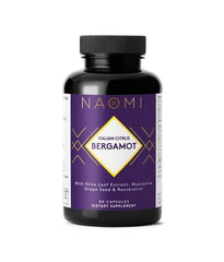 NAOMI Italian Citrus Bergamot 500mg bottle close-up highlighting polyphenol blend for daily wellness.