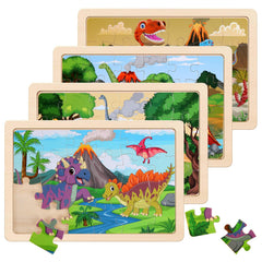 NASHRIO dinosaur wooden puzzles four-pack with interlocking pieces for preschoolers