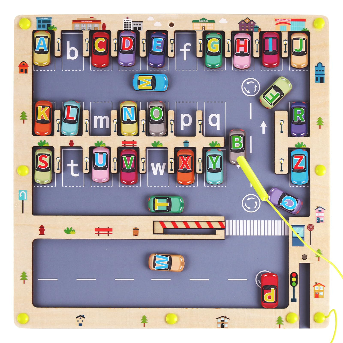 Nashrio magnetic alphabet maze board supports fine motor skills and alphabet exploration.