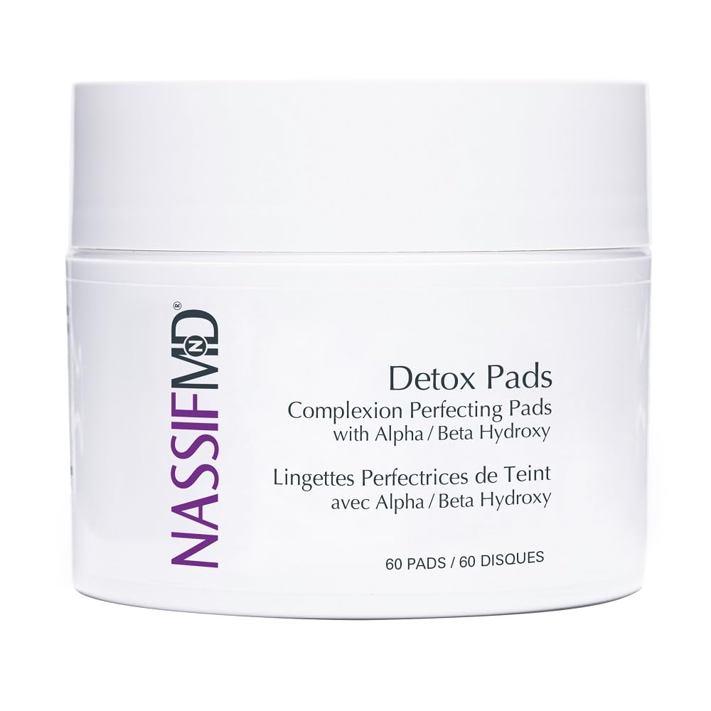 NassifMD Exfoliating Detox Pads packaging highlights the surgeon-created skincare solution