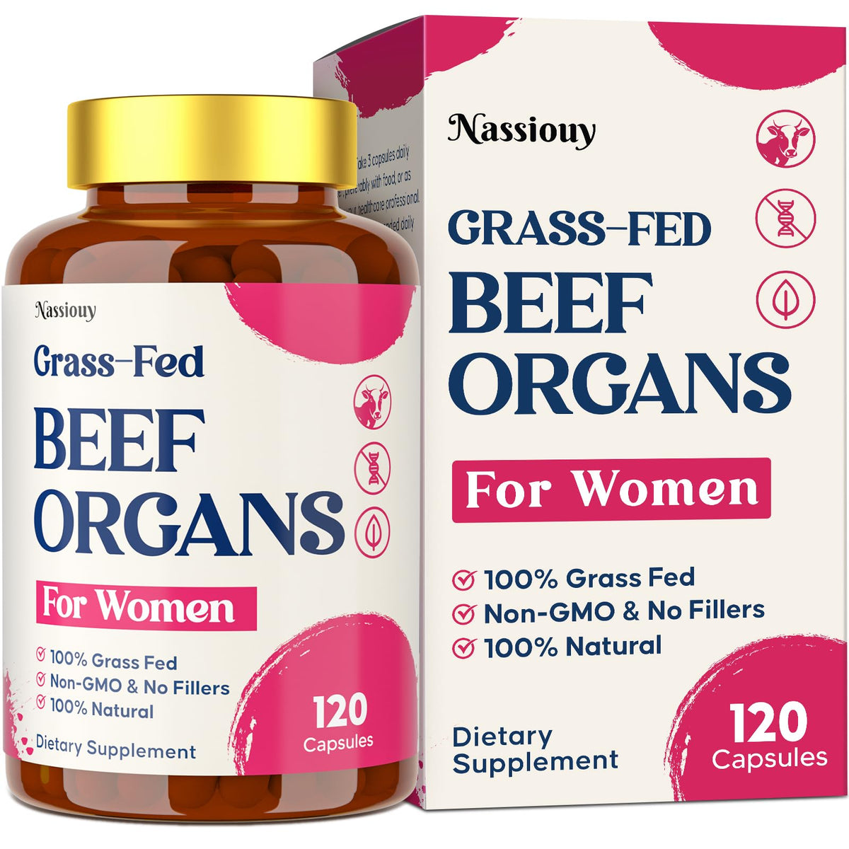 Nassiouy 12-in-1 beef organ supplement bottle for daily wellness routine.