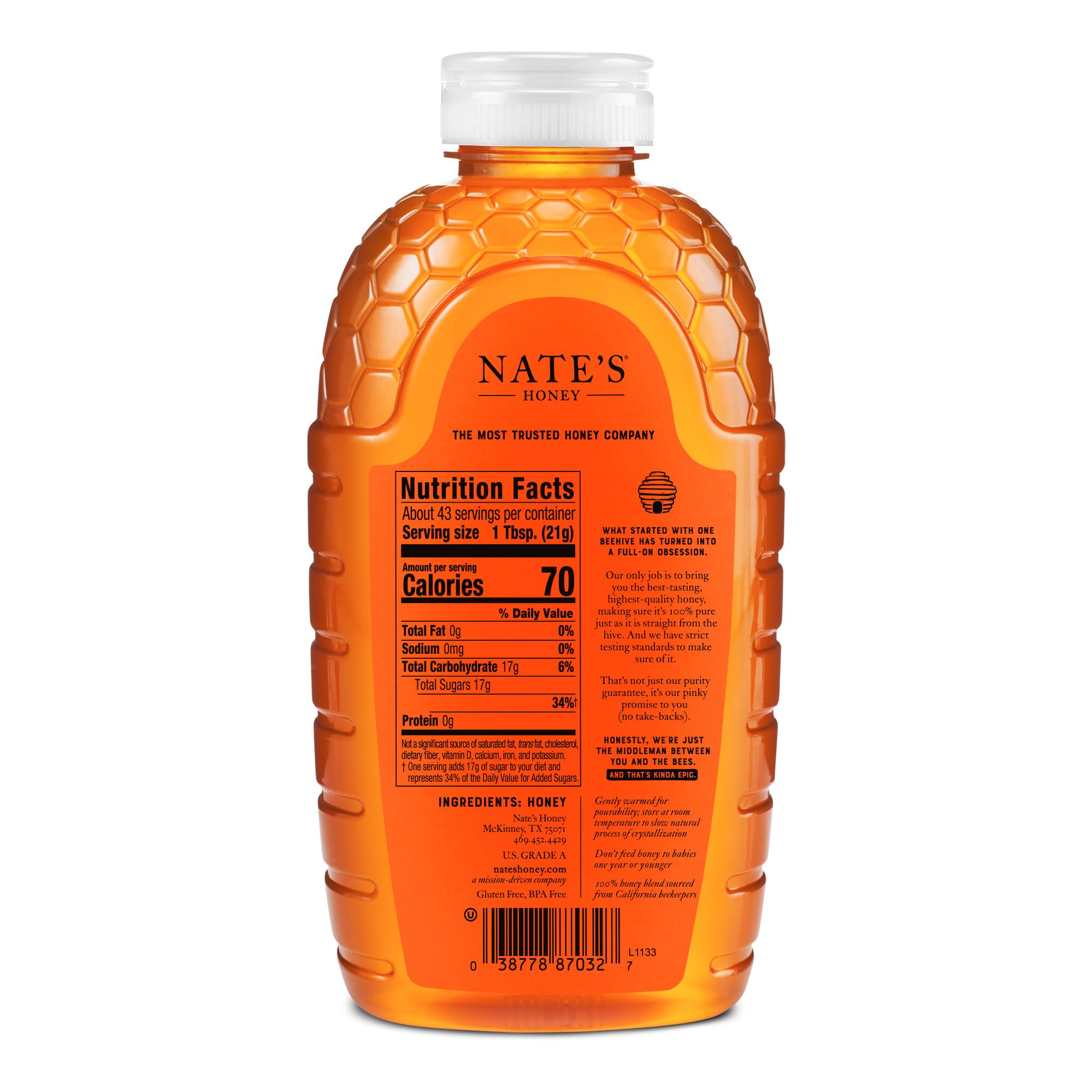 Nate's Honey 32oz bottle pour, easy drizzle for coffee, tea, or yogurt.