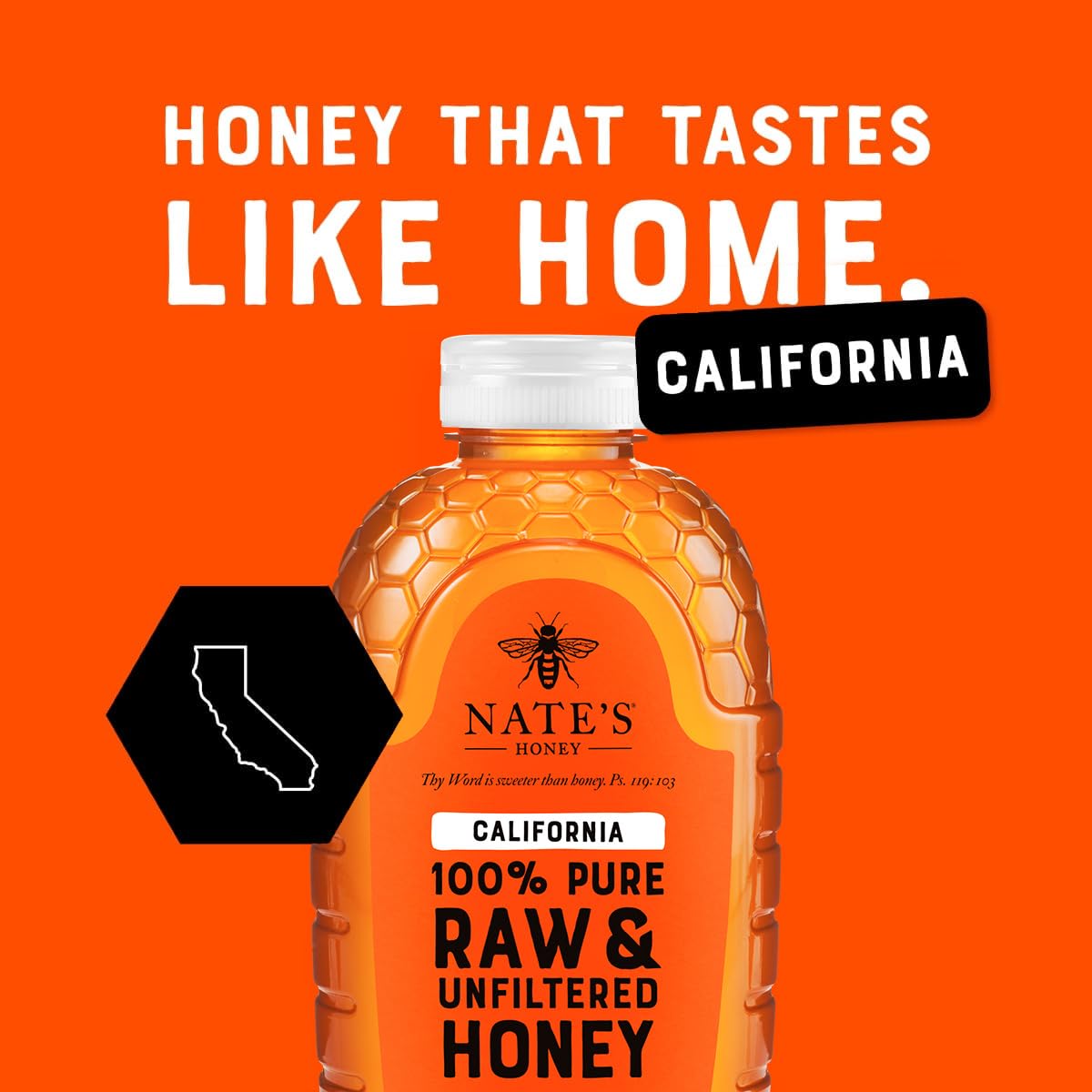 Nate's Honey California label closeup showing raw and unfiltered promise.