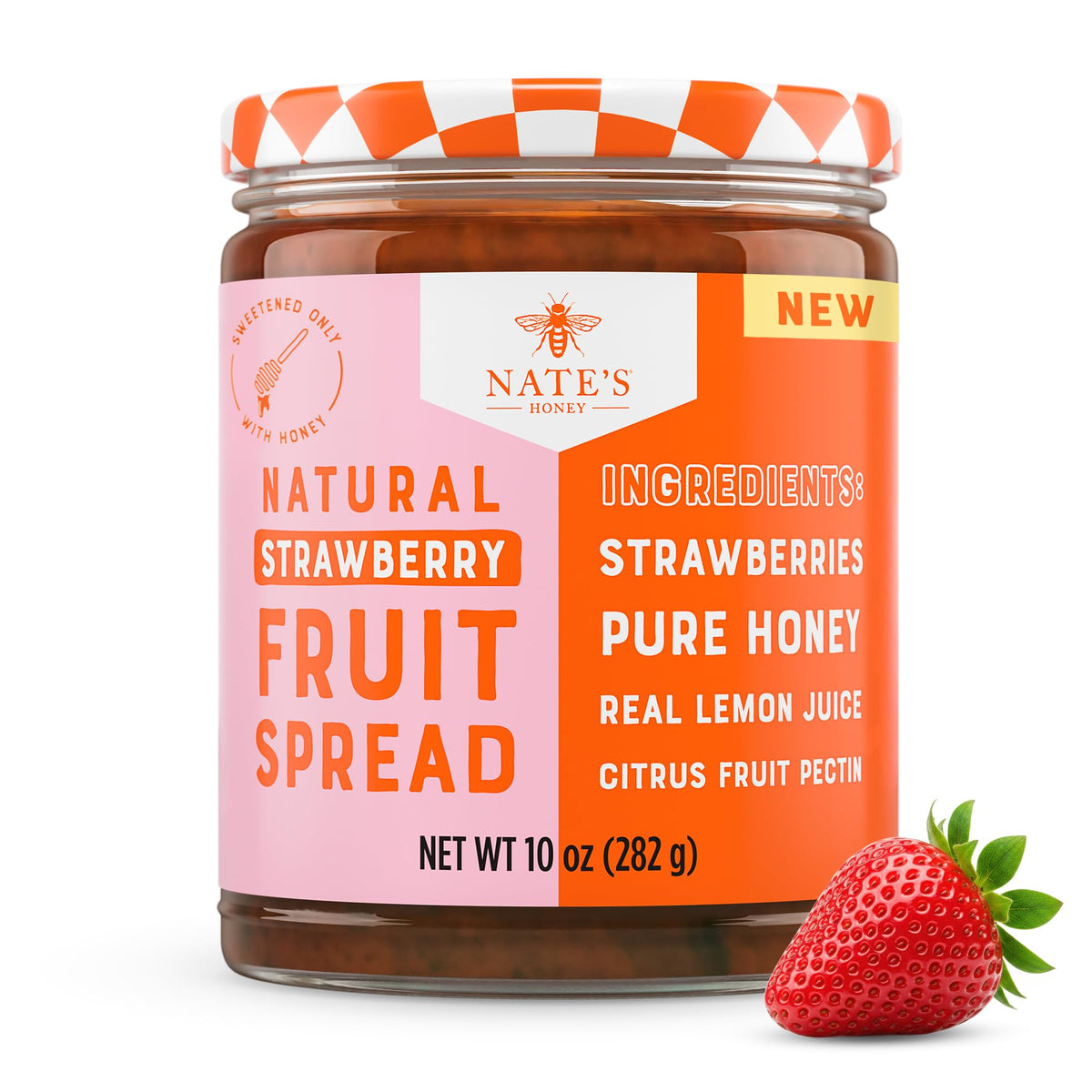 Nate's Honey Fruit Spread Strawberry Jar on kitchen counter, naturally flavored for breakfast