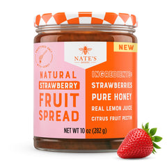 Nate's Honey Fruit Spread Strawberry Jar on kitchen counter, naturally flavored for breakfast