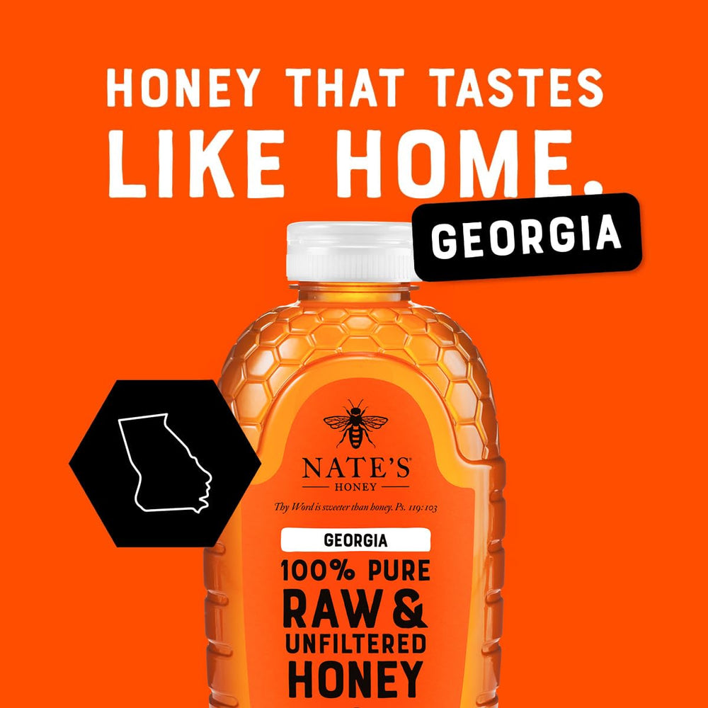 Nate's Honey Georgia pollen-visible closeup highlights natural texture and pollen content
