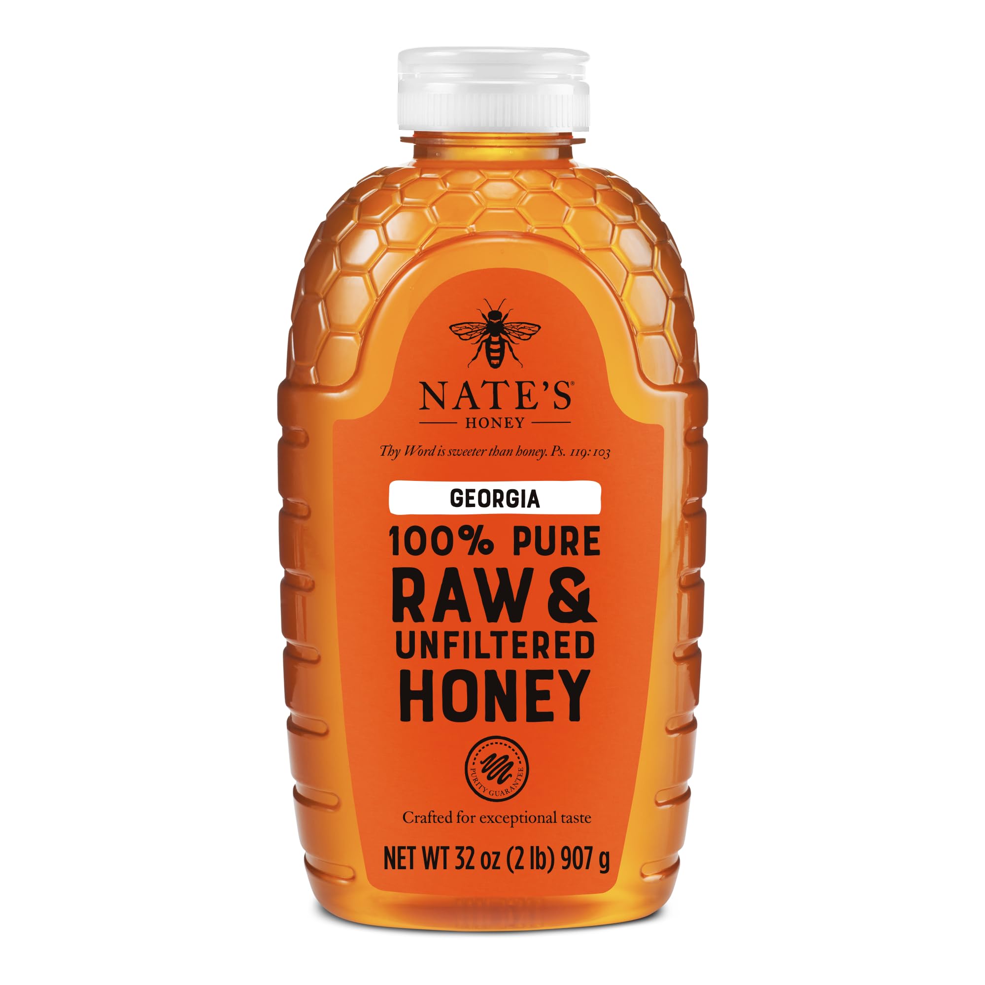 Nate's Honey Georgia raw unfiltered 32oz bottle pour showcases easy drizzle ability for breakfast or snack use